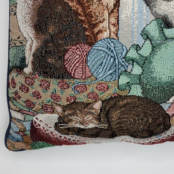 15" Cat Tapestry Fabric Accent Throw Pillow Sleeping Looking Yarn Butterfly - Picture 4 of 10